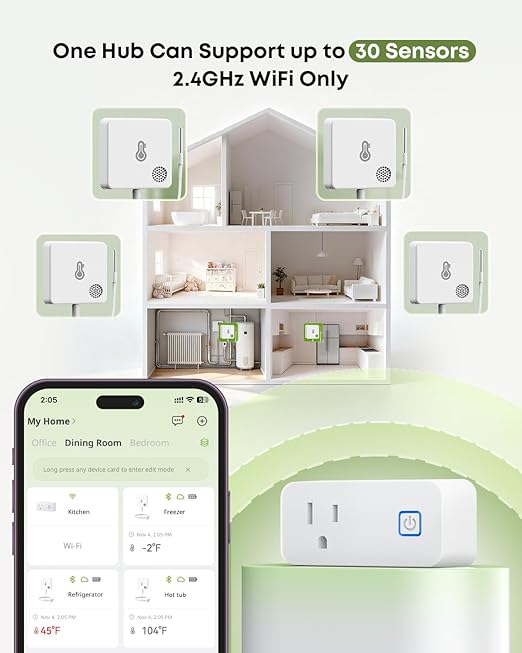 MOCREO WiFi Refrigerator Thermometer with Freezer Alarm, Email Alert, App Notification, Data Logging Export, No Subscription Fee, 2 Remote Temperature Sensor for Home Kitchen, Hot Tub