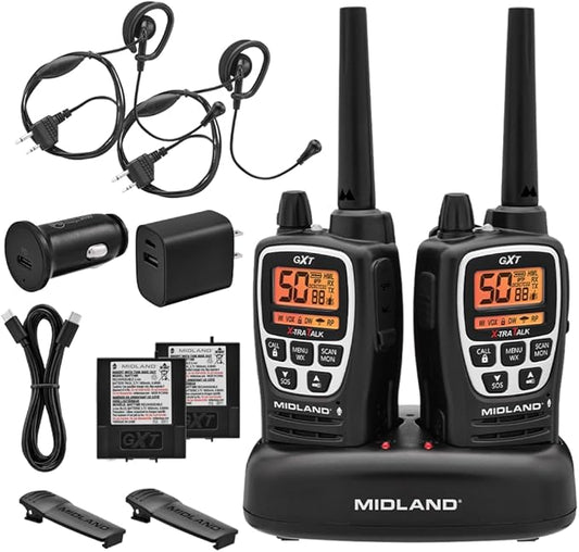 Midland GXT3000 GMRS Two-Way Radio (50-Channel, Repeater Capable, Long Range, 142 Privacy Codes, SOS, NOAA, Rechargeable Lithium Ion Battery, Black/Silver, 2-Pack)