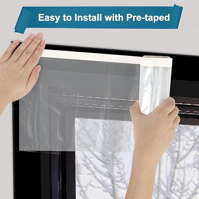 Window Insulation Kit for Winter Fits up to 10 Windows, Plastic Window Winterizing Seal Kit 63 Inch×32 Ft with Double-Sided Tape, Heavy Duty Rolled Shrink Film Easy Installation, Clear