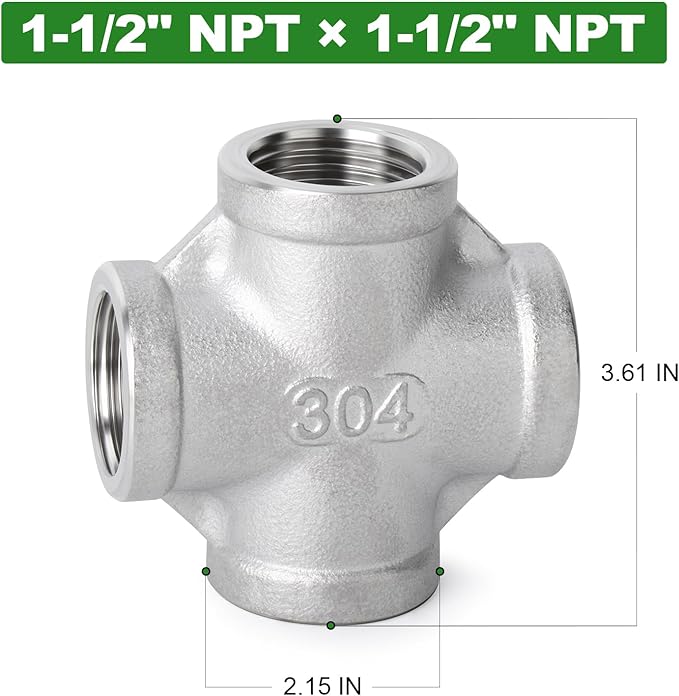 TAISHER 1PCS Stainless Steel 4 Way Pipe Fittings, 1-1/2" x 1-1/2" x 1-1/2" x 1-1/2" NPT Female Pipe Fittings