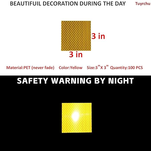 Non Fading Yellow Reflective Stickers 3 inch X 3 inch, Outdoor Waterproof High Visibility Warning Safety Adhesive Reflector Tape (100 Pcs)