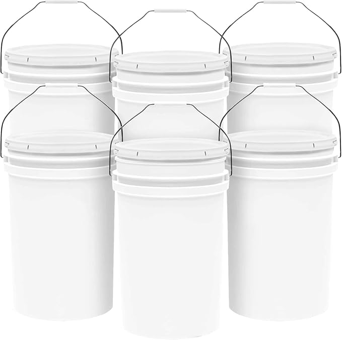 6.5-Gallon White Bucket Pail Container with Lid | Food Grade | Heavy-Duty 90MIL Extra Durable | Metal Handles with Plastic Grip for Easy Carrying | Multi-Use | Easy Stack and Store | BPA Free - 6 Pack