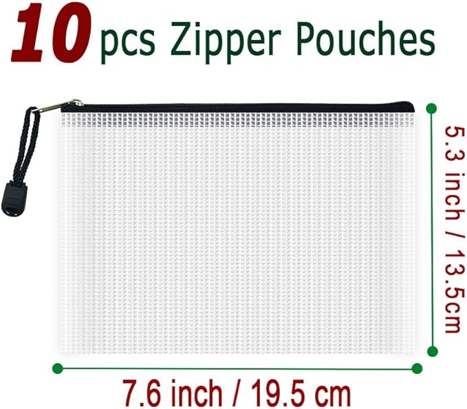 AUSTARK 10 Pcs Zipper File Bags, Waterproof Plastic Mesh Pouch for Office School, Board Game Storage Bags (B6 Size 7.6''x5.3'', White and Black)