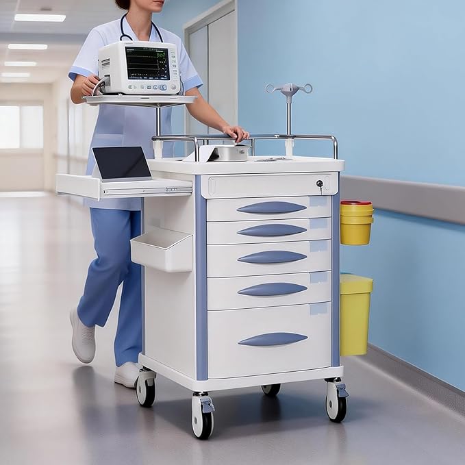 Medical Rolling Crash Cart with Accessories-CPR Board, IV Pole, O2 Holder, Trash Bin, Drawers with Dividers, Mobile Medical Cart for Clinic, Hospital, Nursing Center, Salon, 24.6”Wx19.1”Dx37.1”H