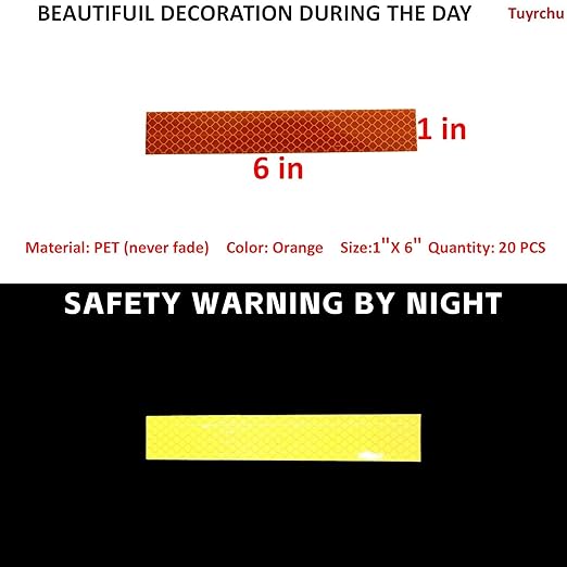Non Fading Orange Reflective Stickers 1 inch X 6 inch, Outdoor Waterproof High Visibility Warning Safety Adhesive Reflector Tape (20 Pcs)