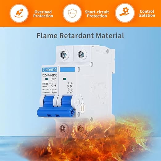 32 Amp Miniature DC Circuit Breaker 500V 2 Pole, Solar PV Disconnect Switch with Thermal Magnetic Trip, DIN Rail Mount Isolator C32