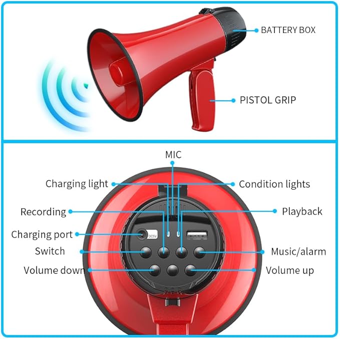 Megaphone Speaker Bullhorn Battery Powered 20W Portable Speaker Microphone System Battery Included Durable ABS Material Volume Control