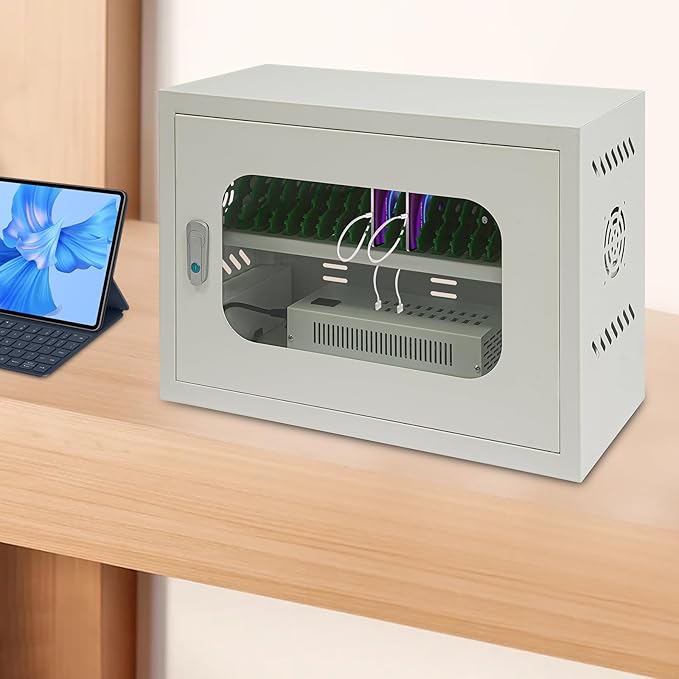 20-Device Charging Station, Charging Cabinet for Cellphones & Tablet Computers, Rechargeable Cellphone Locker Storage Charging Station, Locking Laptop Storage Box with Cable Management