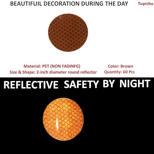 Brown Reflective Stickers 2-inch Diameter Round Reflector, Outdoor Waterproof High Visibility Warning Adhesive Tape (60 Pcs)