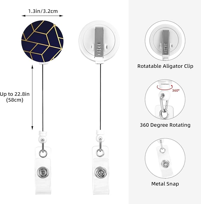 Geometric Navy Blue Gold Badge Reels Retractable Badge Holder with Clip for Id Name Tag Office Worker Student Teacher Nurse Doctor