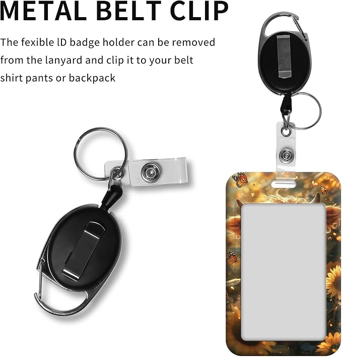 ID Badge Holder with Retractable Lanyard for Women & Men,Vertical ID Card Holder Wallet,Clear Window&Card Slot,Detachable Neck Strap for Nurse Teacher Office,Sunflower Cow & Butterflies