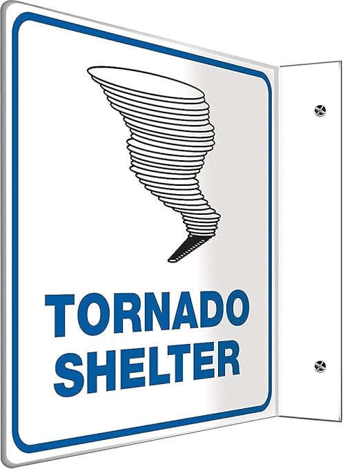 Accuform PSP257 Projection Sign 90D, "Tornado SHELTER", 8" x 8" Panel, 0.10" Thick High-Impact Plastic, Pre-Drilled Mounting Holes, Blue/Black on White
