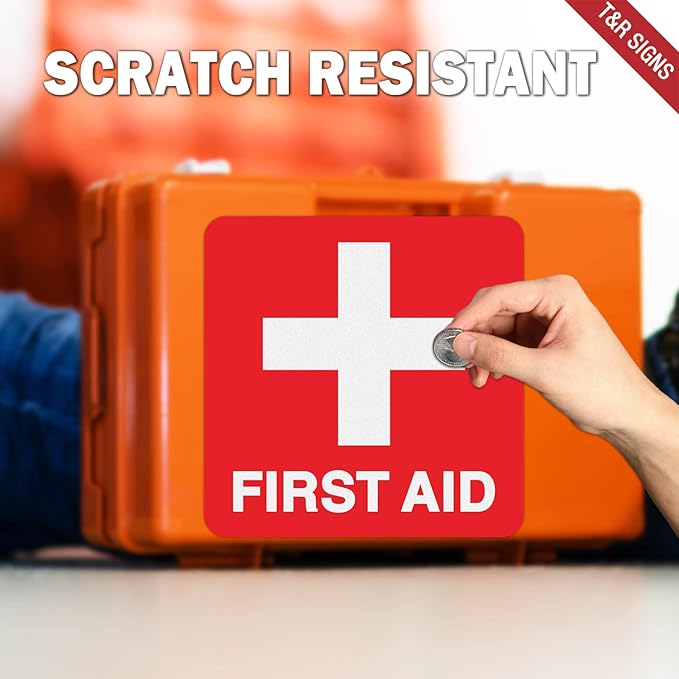 T&R First Aid Stickers, First Aid with Cross Symbol - 10 Pack - 5 x 5 Inches Reflective Label, UV Resistant, Waterproof, Fade and Scratch Resistant, Suitable for Indoor and Outdoor