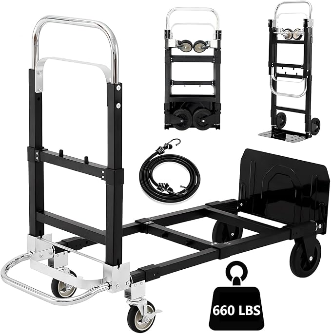 SST Upgraded Folding Hand Truck Dolly Cart, 660 LB Heavy Duty Luggage Cart, 3 in 1 Folding Hand Cart with Wheels and Bungee Cords for Moving Travel Shopping Airport Office