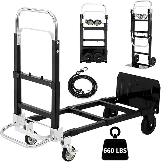 SST Upgraded Folding Hand Truck Dolly Cart, 660 LB Heavy Duty Luggage Cart, 3 in 1 Folding Hand Cart with Wheels and Bungee Cords for Moving Travel Shopping Airport Office