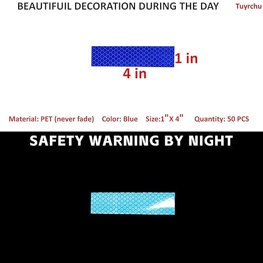 Non Fading Blue Reflective Stickers 1 inch X 4 inch, Outdoor Waterproof High Visibility Warning Safety Adhesive Reflector Tape (50 Pcs)
