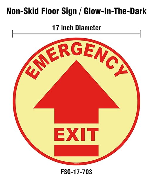 Stranco Glow in the Dark Floor Sign "EMERGENCY EXIT" Non-Slip Permanent Acrylic Adhesive, 17" Red on White,