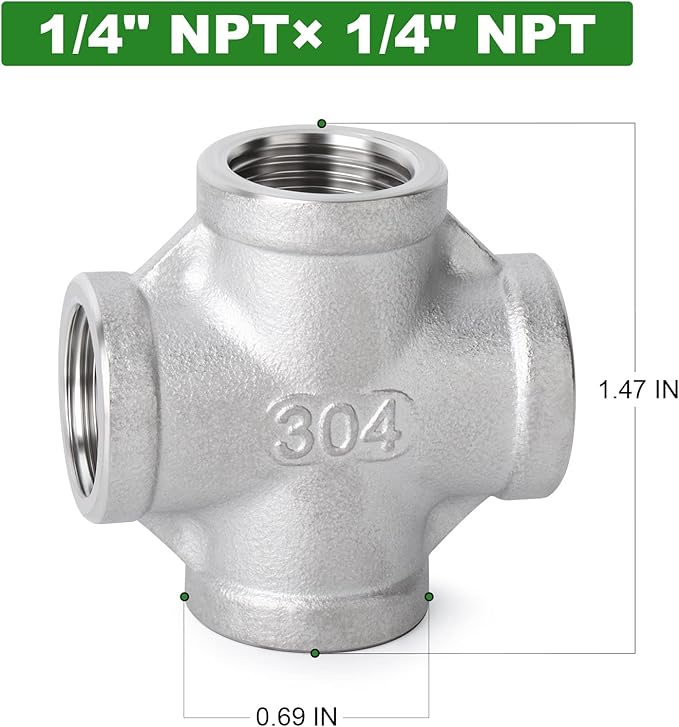 TAISHER 2PCS Stainless Steel 4 Way Pipe Fittings, 1/4" x 1/4" x 1/4" x 1/4" NPT Female Pipe Fittings