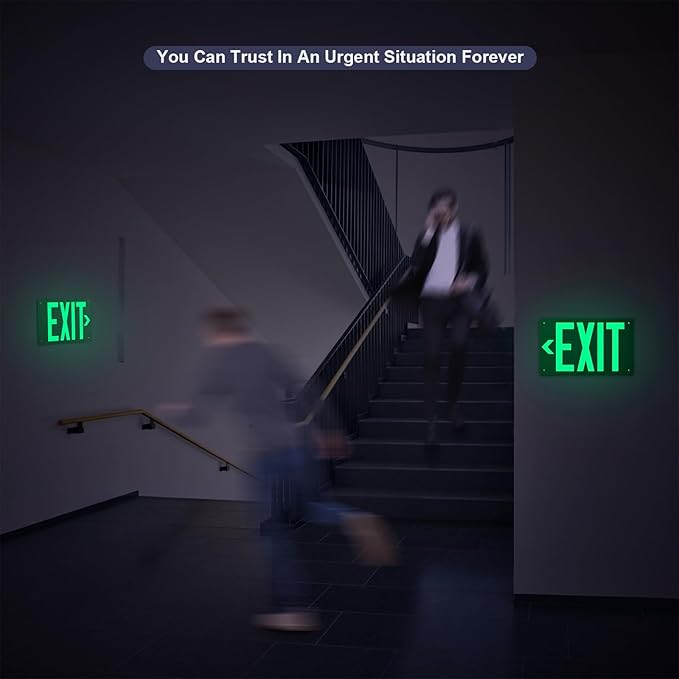 Photoluminescent Exit Sign Aluminum - Adhesive Backing Glow In The Dark - Removable Arrows Included - Pre-drilled Holes - 12x7 Inches - Non Electrical Green Exit Light For 50 Feet Visibility (2 Pack)