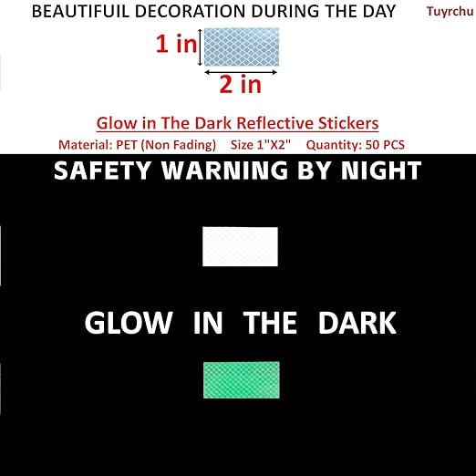 Glow in The Dark Reflective Stickers 1 inch X 2 inch for Truckskes, Warning Strong Safety Adhesive Reflective Strips (50 Pcs)