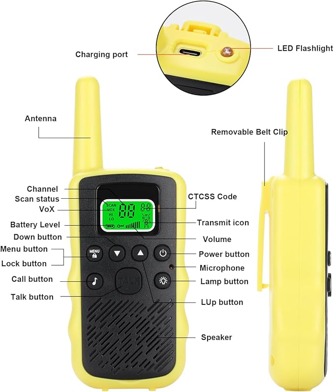 Walkie Talkies Long Range for Adult Kids, Rechargeable 2 Way Radio 22 FRS Channels with LED Flashlight USB-C Cable Li-ion Battery, Handheld Walky Talky VOX for Camping Hiking - 2 Pack