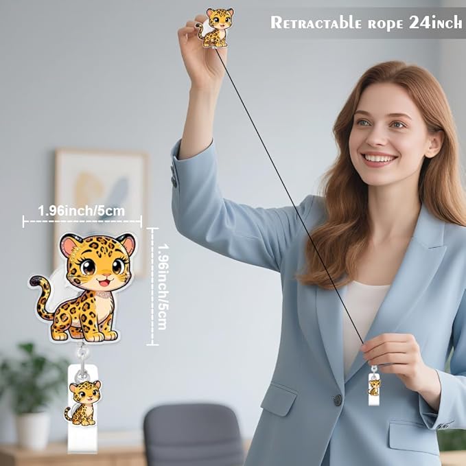 Cute Leopard Badge Reel for ID Card, Funny Leopard Retractable Nurse Alligator Clip Badge Reel for Women, ID Name Tag Badge Holder for Office School Hospital Nurses Doctors Teachers