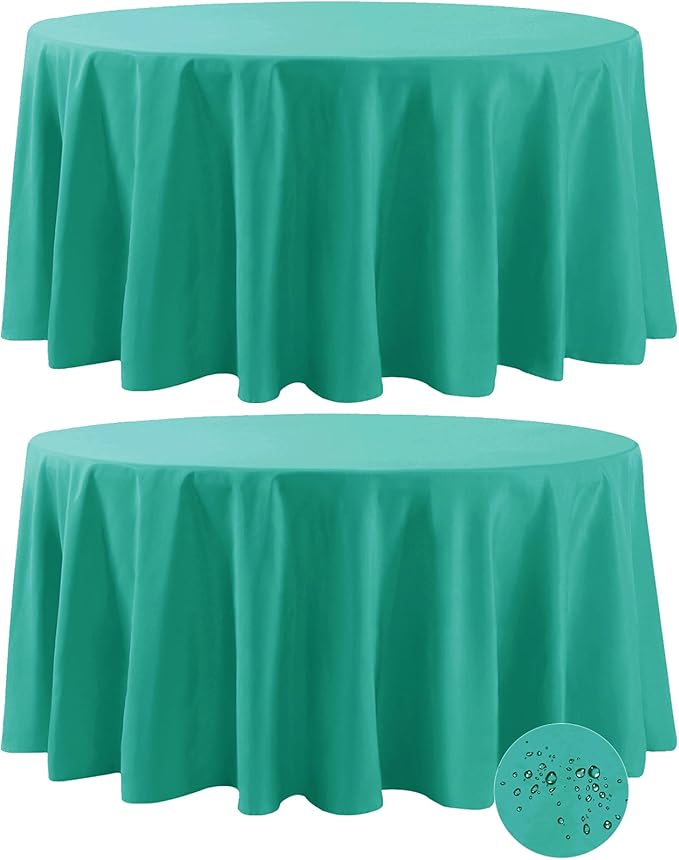 Fokitut 2 Pack Waterproof Round Tablecloth, 120 Inch, Stain Resistant and Wrinkle Polyester Table Cloth, Fabric Table Cover for Kitchen Dining, Wedding, Party, Holiday Dinner-Turquoise