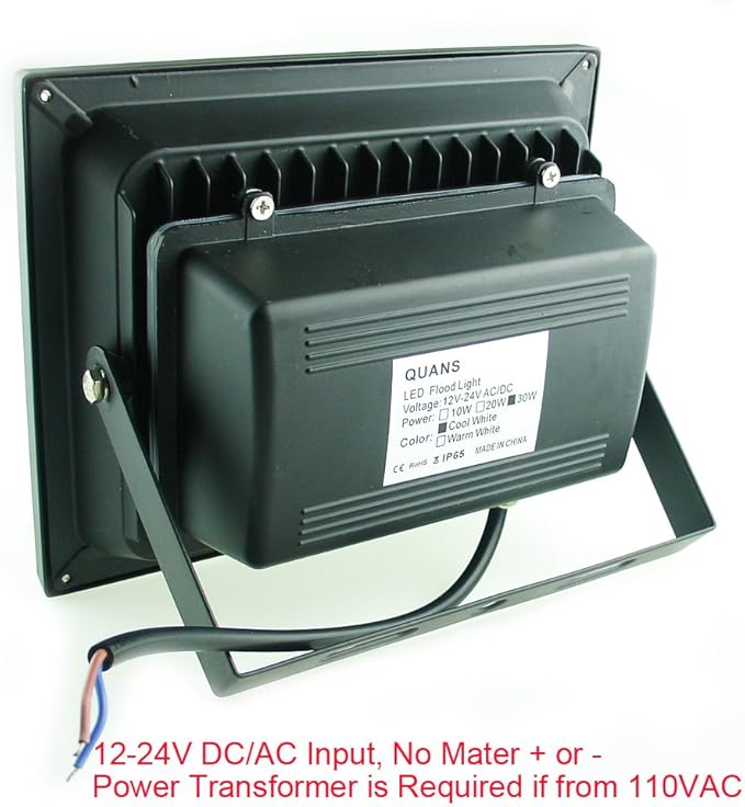 QUANS 30W Watt Cool White 12V 24V AC DC Ultra Bright LED Security Wash Flood Light Floodlight Lamp High Power Black Case Waterproof IP65 Work in The Rain Superbright 6000K, 12-24V Input Low Voltage