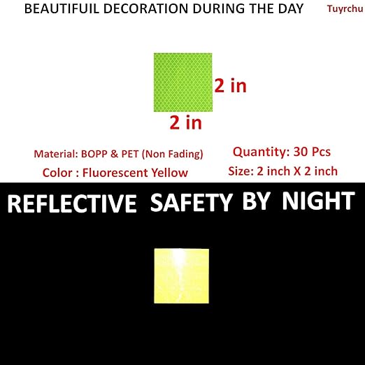 Fluorescent Reflective Stickers 2 inch X 2 inch, Outdoor Waterproof High Visibility Warning Safety Adhesive Reflector (30 Pcs)