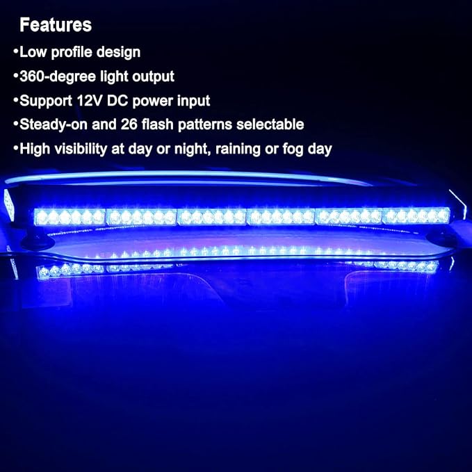 WOWTOU Strong Magnetic Rooftop Emergency Strobe 80 LED Blue Flashing Light Bar for Volunteer Firefighter EMS Law Enforcement Vehicles Trucks POV, Double Side Safety Warning Beacon Lights