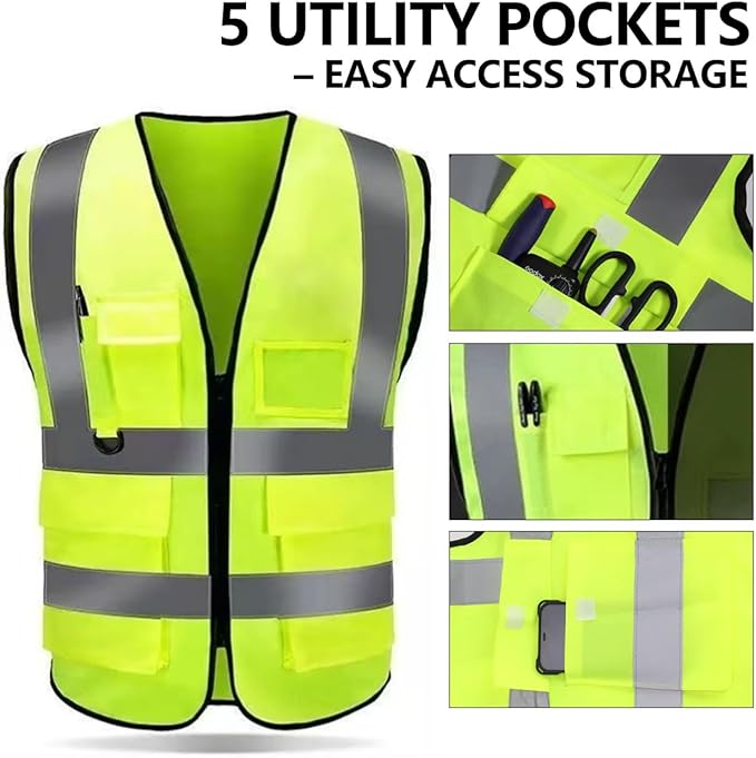 DME&SMS 3-Pack High Visibility Safety Vests, Reflective Strips, Zipper Front, Mesh Hi Vis Vest (Fluorescent Green)