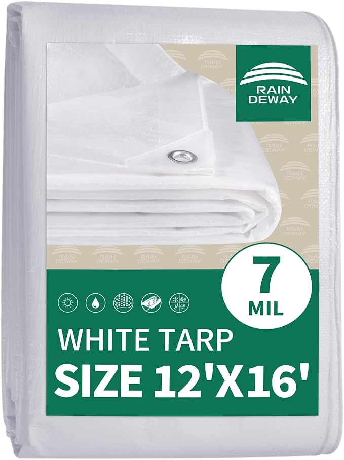 RAINDEWAY Tarps 12x16 Feet Tarp Waterproof,7Mil Thick,Finished Size,UV Resistant,Multipurpose Poly Tarp Cover with Metal Grommets and Reinforced Edges,White Tarps