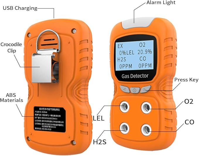 Portable Gas Detector, Gas Clip 4 Gas Monitor Meter Tester Analyzer, Rechargeable LCD Display Sound Light Shock Air Quality Tester, 2 Year Detector…