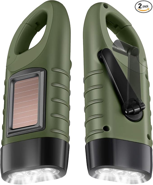 Leelosp 2 Pieces Hand Crank Flashlight Solar Powered Flashlight for Emergencies Dynamo Rechargeable LED Survival Light for Outdoor Sports Hiking Camping (Army Green)