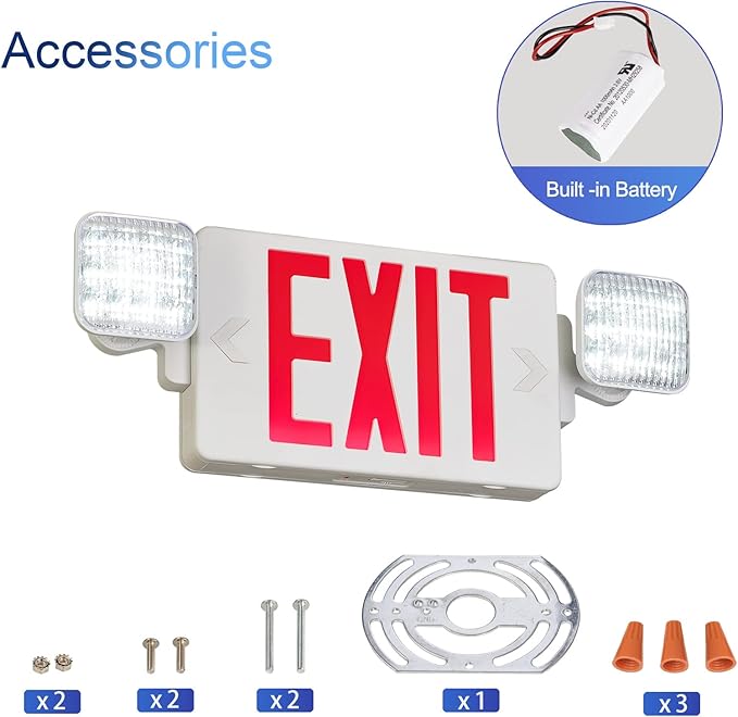 TANLUX Red Corded Exit Sign with Emergency Lights, 1.0 Meter Plug in Exit Sign with Battery Backup Lights for Business, Commerical Emergency Lighting Combo, UL Listed, AC 120/277V, Double Face