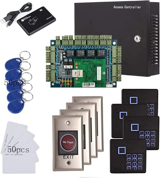 MENGQI-CONTROL 4 Doors Security Access Control System with RFID Card Fob Keypad Reader+Infrared Exit Button+Metal 110V-240V Power Box+USB Enroll Reader+TCP/IP Based Phone APP remotely Open Door