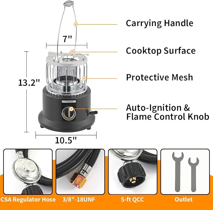 2-in-1 Portable Propane Heater Indoor & Outdoor & Stove, 13000 BTU Propane Tent Heater for Camping, ODS/Tip-Over/Flame-Out Safety, 360° Heat, Cooktop for Boiling Water/Heating Food, Regulator Hose