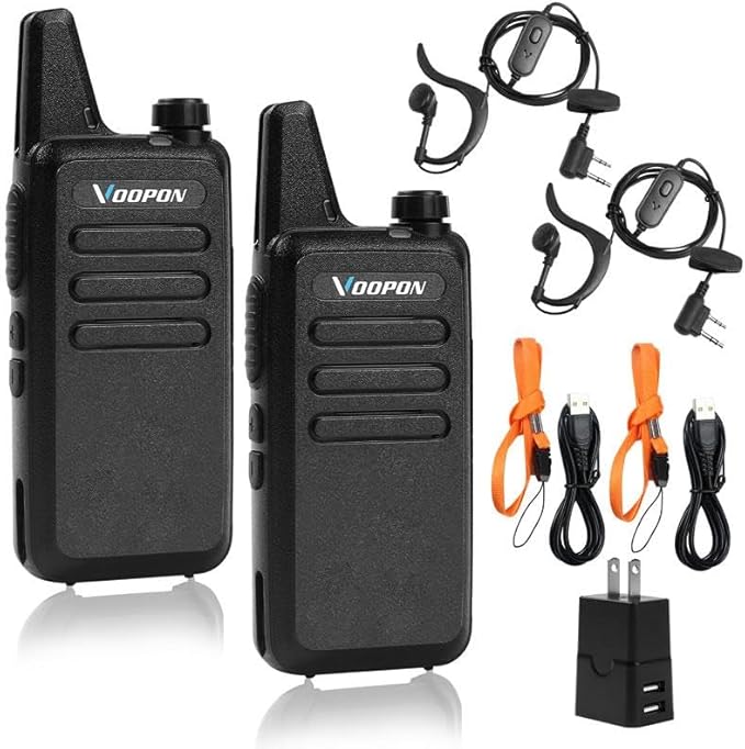 Rechargeable Walkie Talkies for Adults 22 FRS Channels Two-Way Radios with Earpieces Long Range VOX Mini Transceivers for Business Company USB Charger for Camping Hiking Church Shop (2 Pack)