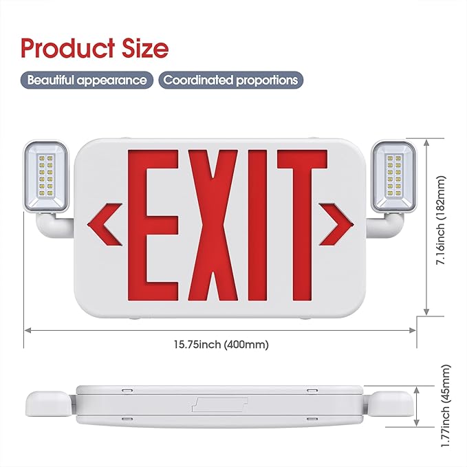 Led Combo Emergency Exit Sign Light with Two Adjustable Head Lights and Backup Battery Exit Light,US Standard Red Letter Commercial Emergency Exit Lighting,UL 924,AC120/277V (2Pack)