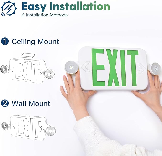 FREELICHT 6 Pack Green Exit Sign with Emergency Lights, Two LED Adjustable Head Emergency Light with Battery, Exit Sign for Business