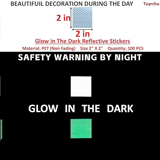 Glow in The Dark Reflective Stickers 2 inch X 2 inch for Car, High Visibility Warning Safety Reflective Strips (100 Pcs)