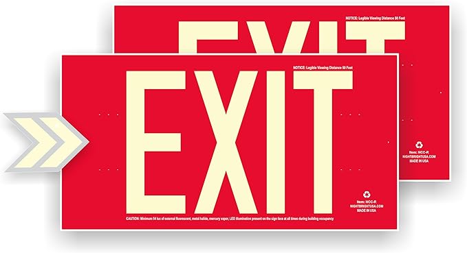 Photoluminescent Exit Signs | Pack of 2 | OSHA-ASTM-ANSI American Standard | Aluminum 14.25" x 7.5" | Weather Proof | NightBright USA Item: NCC-R II