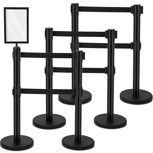 Therwen 6 Pcs Double Retractable Belt Barrier with Stanchion Dual Retractable Safety Belt Heavy Duty Crowd Control Stanchions Stainless Steel Post Holder Safety Barrier Stand (9.8 ft,Black)