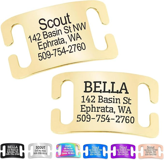GoTags Slide-On Pet ID Tags, Curved Personalized Dog and Cat, Silent, No Noise Stainless Steel, Custom Engraved in 4 Sizes for Large and Small Pets, Gold