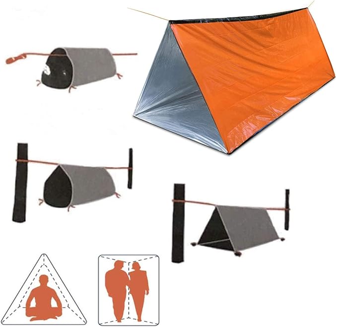 Survival kit 4 Pack, 1 Emergency Tent 1 Emergency Sleeping Bag 1 Mylar Blankets 1 Poncho with 4 Tac Bags for Outdoor Carcar Kits, Camping, Hiking Reuse Emergency Shelter.(Orange)