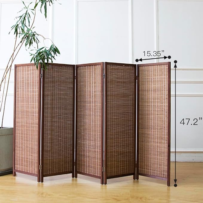 5 Panel Room Divider Short Folding Screen Divider,Double Sided Bamboo Panel Divider for Room Separation,Brown,47.2" H x 76.75" W