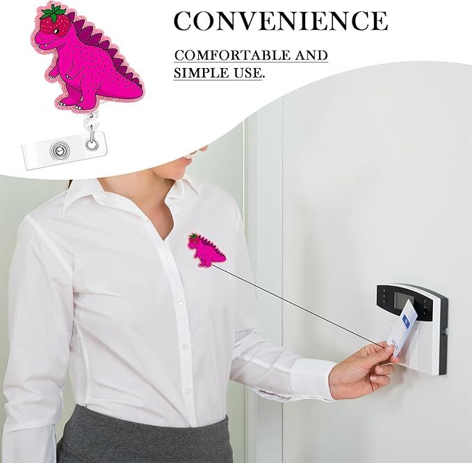 Dinosaur Cute Badge Holder, Funny Strawberry Badge Buddy for RN LPN CNA Accessories for Work, Glitter Retractable Badge Reel with Alligator Clip (Strawberry Dinosaur)