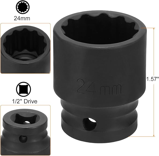 HARFINGTON 12-Point Impact Socket 1/2 Inch Drive 24mm Metric Cr-V Shallow Impact Socket Nut Driver Wrench for Auto Repair