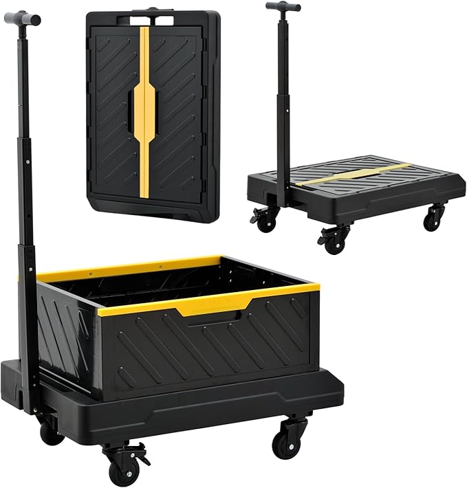 2-in-1 Foldable Hand Truck 132 Ibs Capacity, Portable Folding Cart with Telescoping Handle, Moving Dolly Cart with 4 Silent Wheels for Moving on Supermarket, Outdoors, Warehouse and Apartment