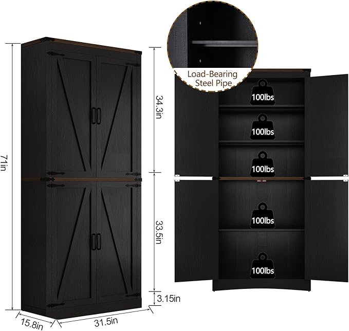 71" Tall Kitchen Pantry,Farmhouse Storage Cabinet with Adjustable Shelves,Load-Bearing Steel Pipe,Farmhouse Pantry Cabinet with 4 Barn Doors,for Kitchen,Dining Room,Living Room(Black)
